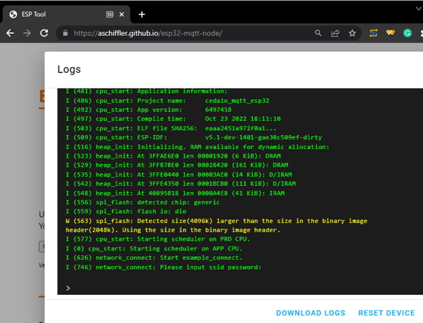 Console view of ESP32 MQTT Demo Application after start-up