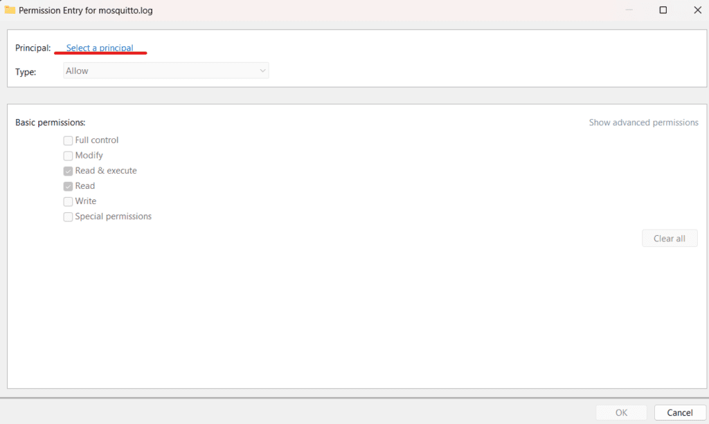 Selecting a principal in the Permission entry for mosquitto.log