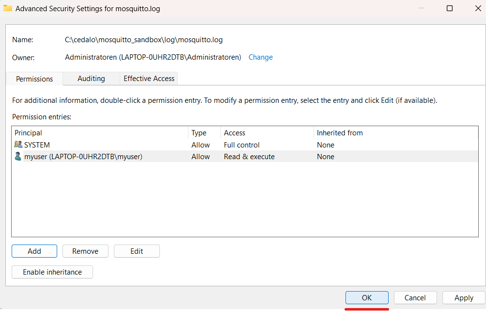 Advanced security settings for mosquitto.log