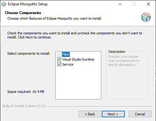 Eclipse Mosquitto installation component selection