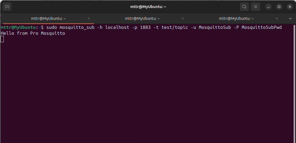 Subscribing to "test/topic," using the "mosquitto_sub" command