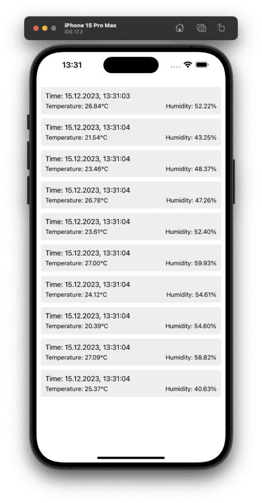The MQTT React Native app displays temperature and humidity information when a new message is received.
