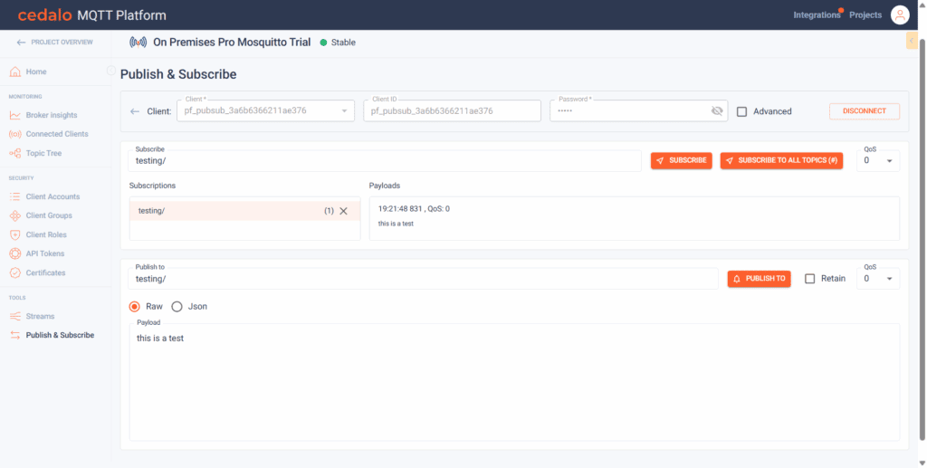 Publishing and subscribing to a topic.