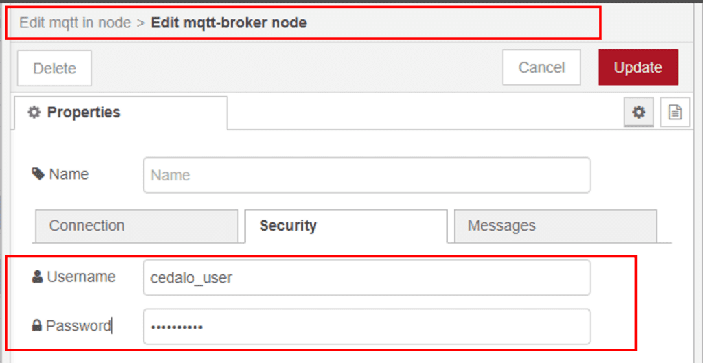 Node-RED MQTT client configuration for setting username and password