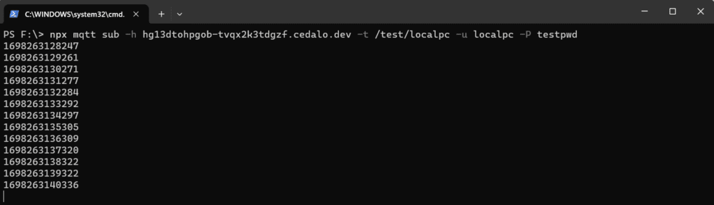 List of timestamps published by Node-RED and received by the subscriber client