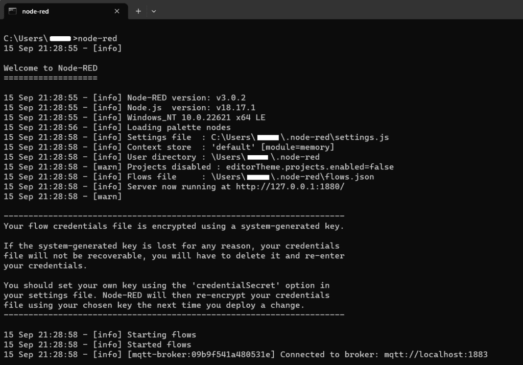 Output log from Node-RED