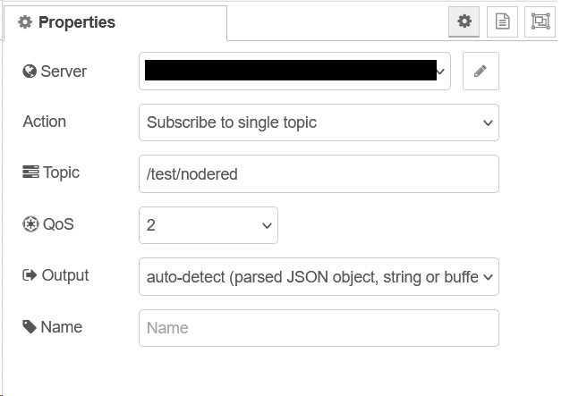 “MQTT in” node configuration window